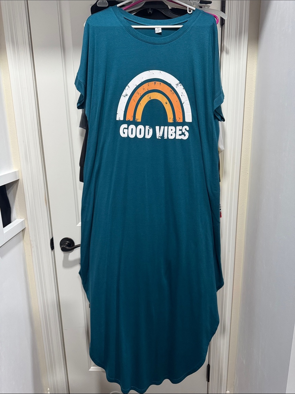 Teal "Good Vibes" Rainbow Graphic Dress